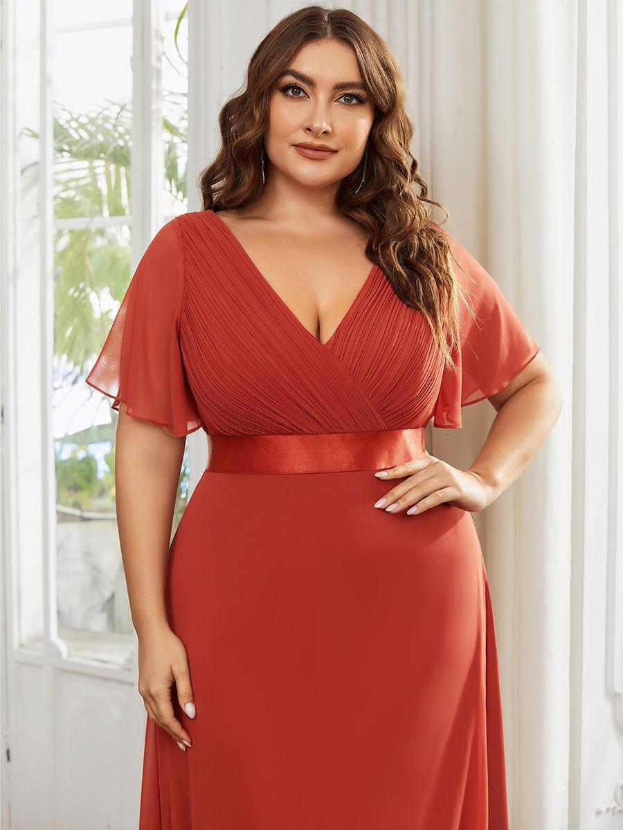 Plus Size Long Empire Waist Bridesmaid Dress with Short Flutter Sleeves #color_Vermilion