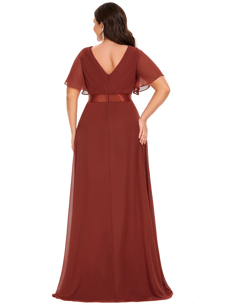 High Waist Short Sleeves Bridesmaid Dress #color_Vermilion