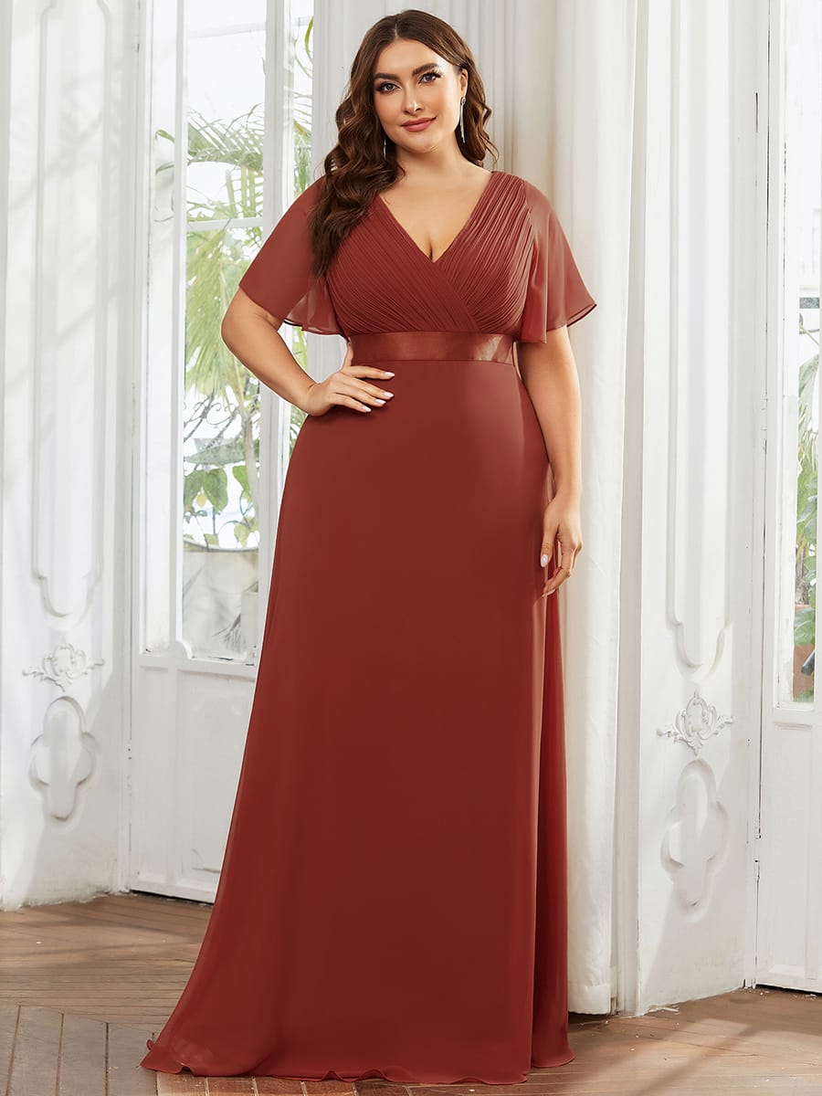 High Waist Short Sleeves Bridesmaid Dress #color_Vermilion