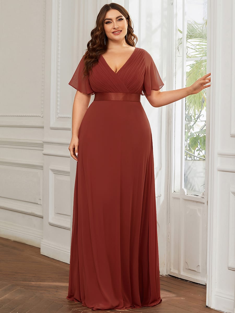 High Waist Short Sleeves Bridesmaid Dress #color_Vermilion