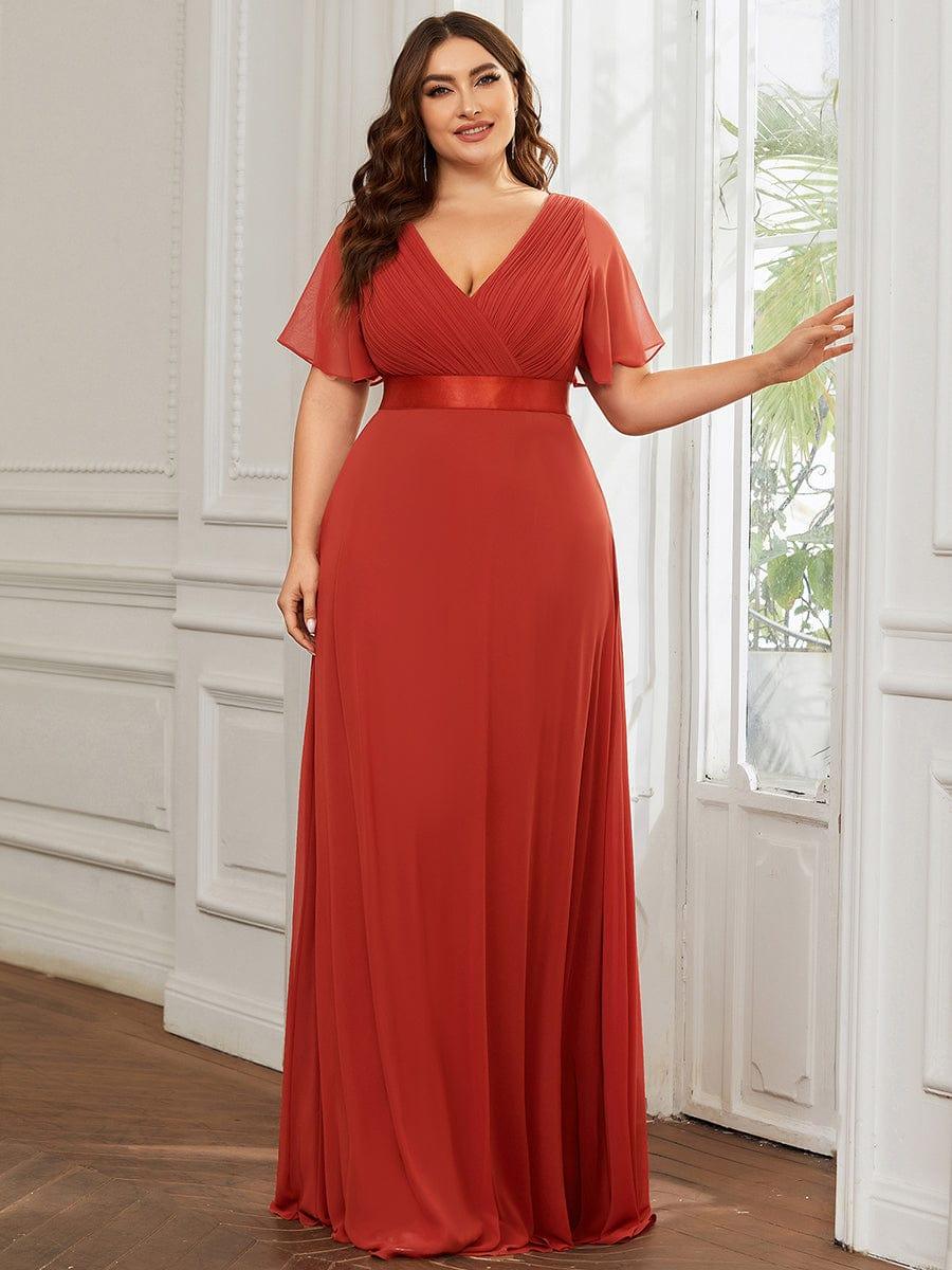Plus Size Long Empire Waist Bridesmaid Dress with Short Flutter Sleeves #color_Vermilion