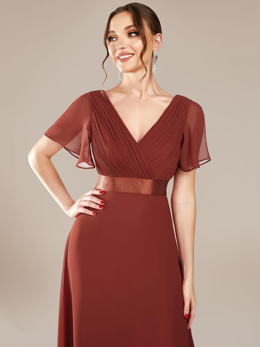 High Waist Short Sleeves Bridesmaid Dress #color_Vermilion