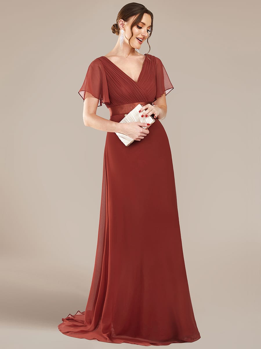 High Waist Short Sleeves Bridesmaid Dress #color_Vermilion