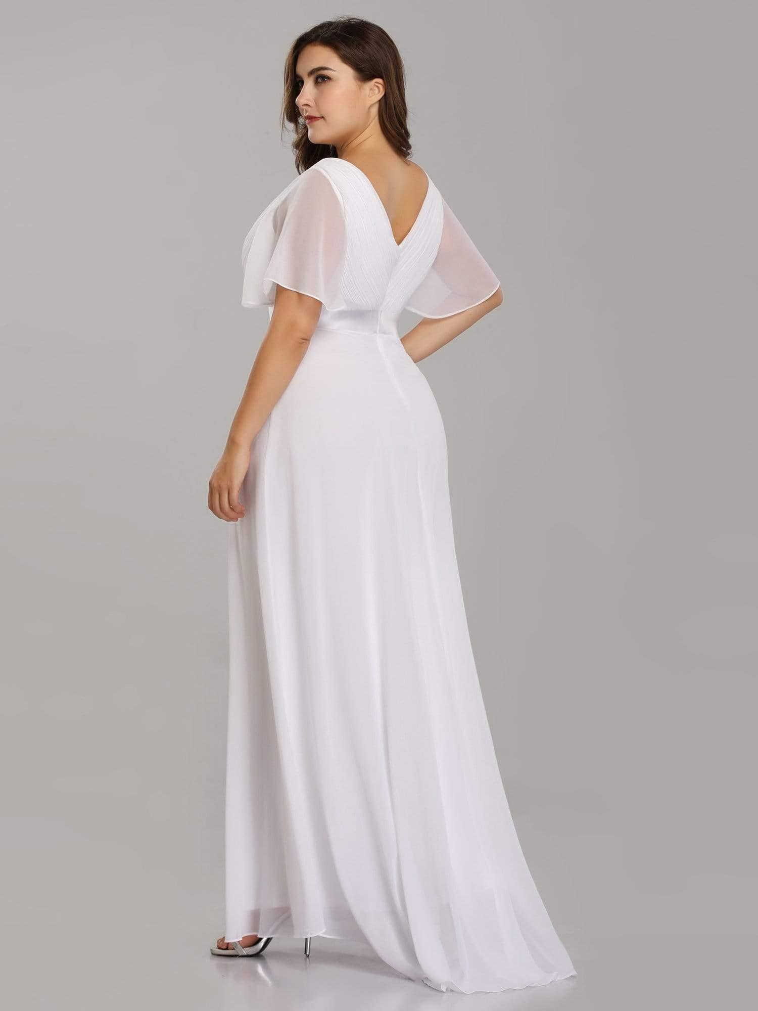 Long Empire Waist Bridesmaid Dress with Short Flutter Sleeves #color_White