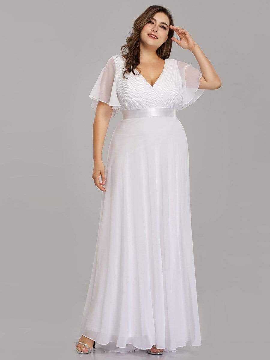 Plus Size Long Empire Waist Bridesmaid Dress with Short Flutter Sleeves #color_White
