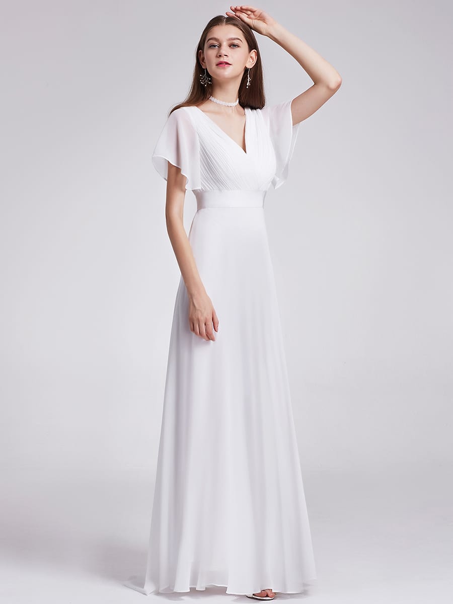 Empire Waist Floor Length Bridesmaid Dress with Short Flutter Sleeves #color_White