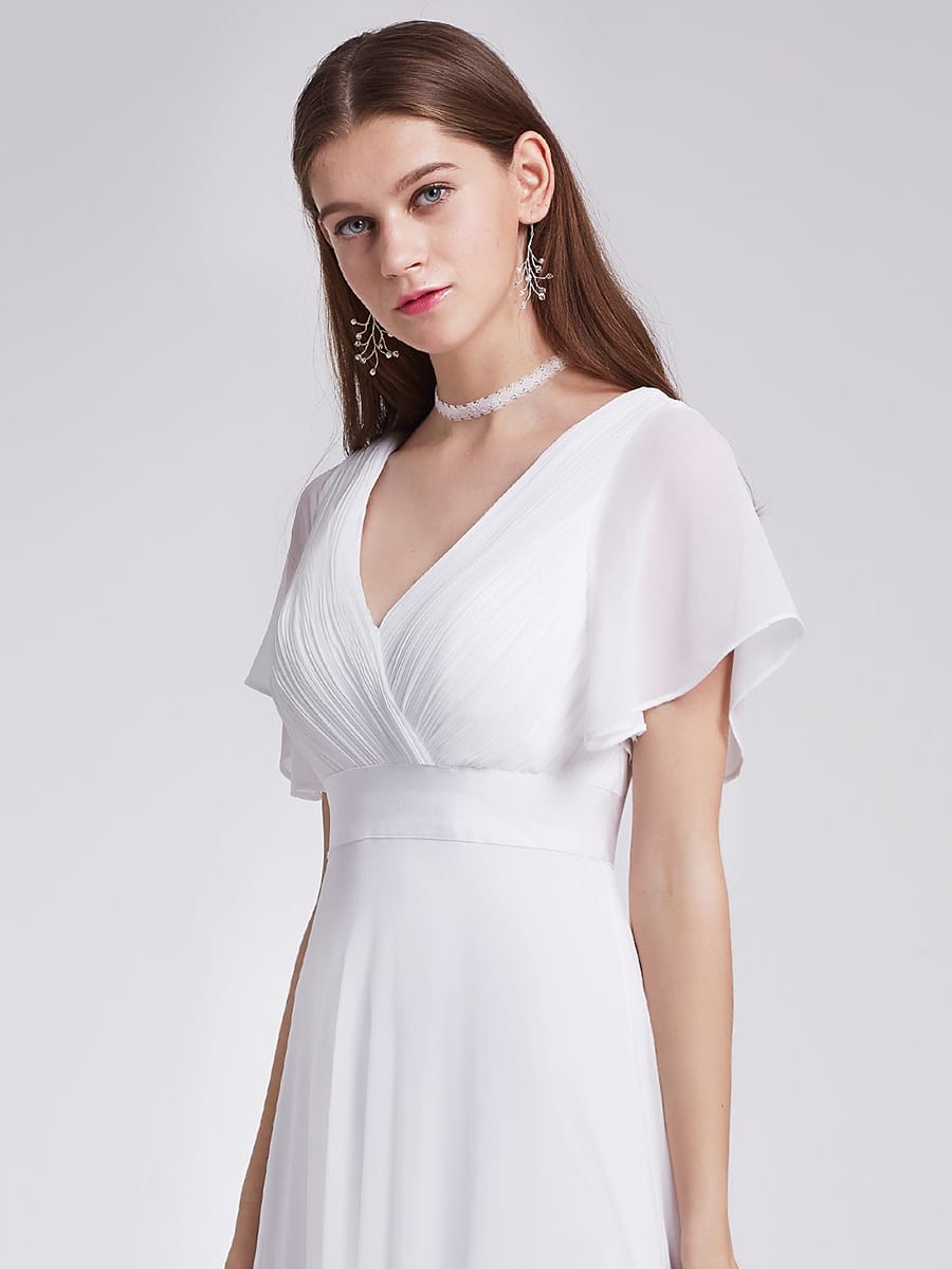 Empire Waist Floor Length Bridesmaid Dress with Short Flutter Sleeves #color_White