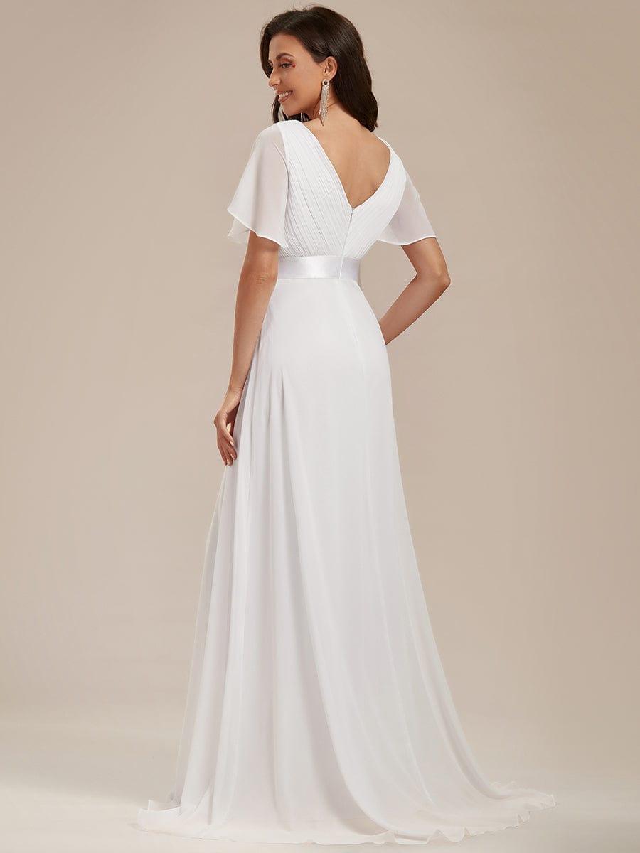Empire Waist Floor Length Bridesmaid Dress with Short Flutter Sleeves #color_White