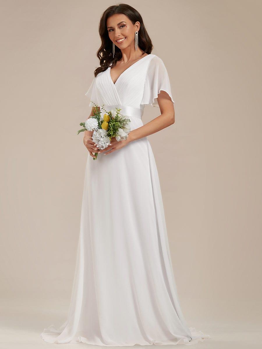 Long Empire Waist Bridesmaid Dress with Short Flutter Sleeves #color_White