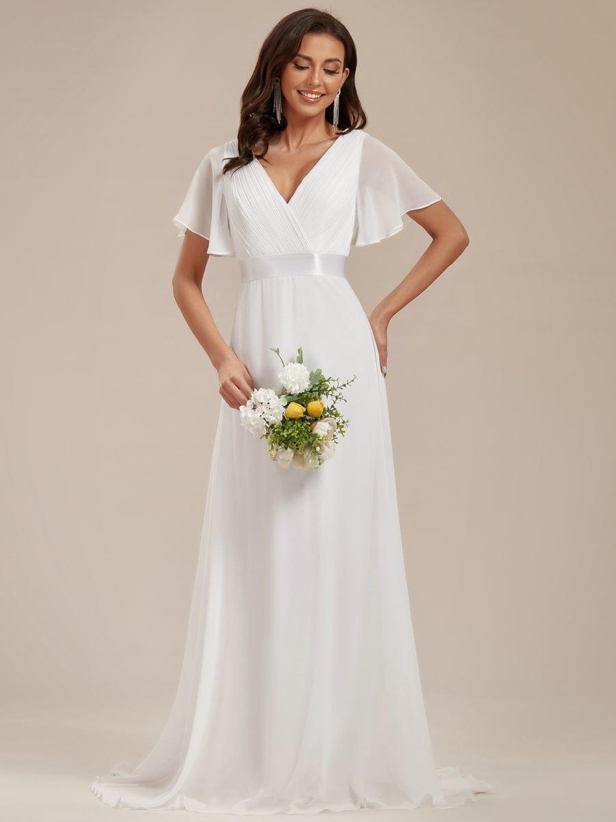 Long Empire Waist Bridesmaid Dress with Short Flutter Sleeves #color_White