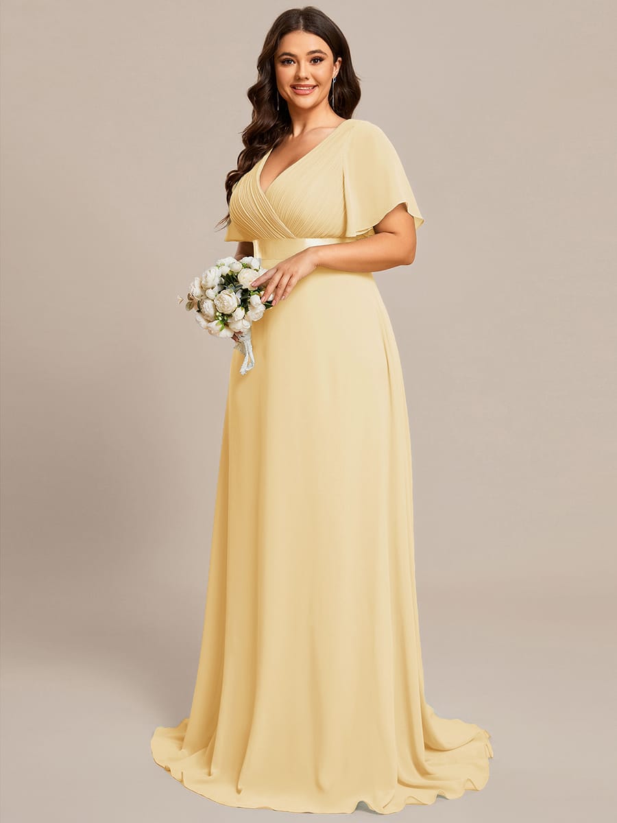 Long Empire Waist Bridesmaid Dress with Short Flutter Sleeves #color_Yellow