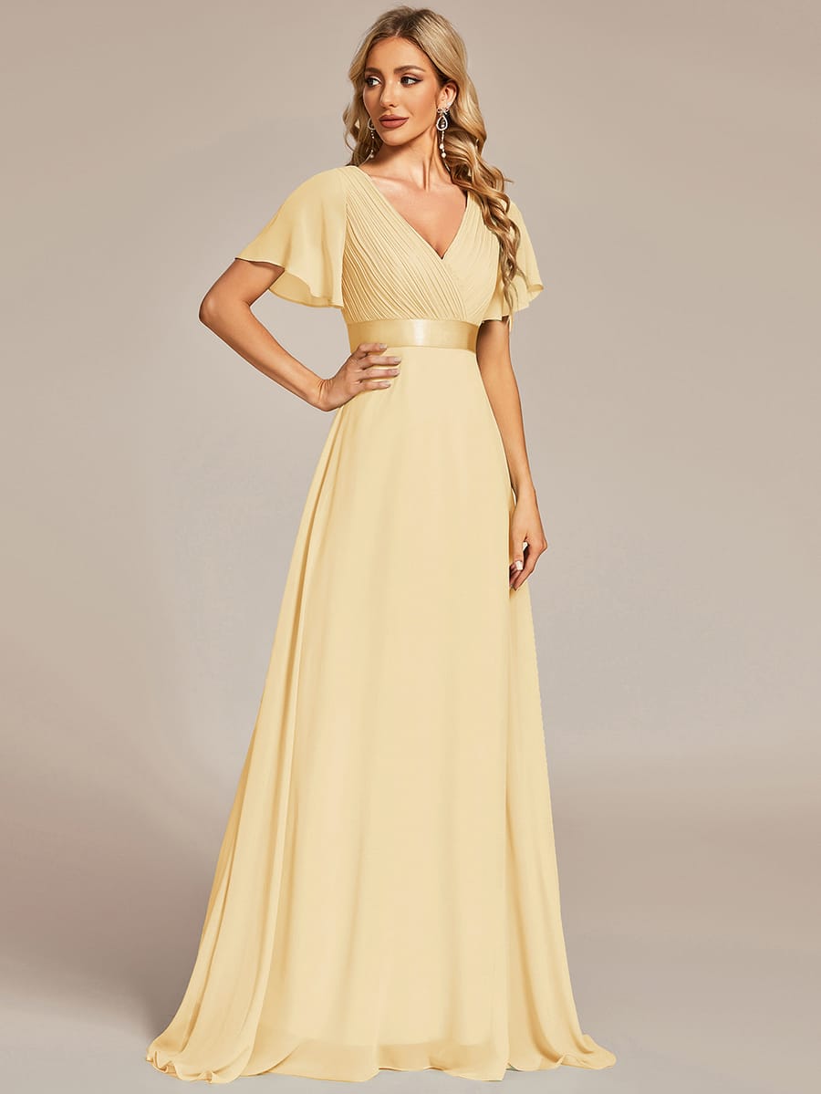 Long Empire Waist Bridesmaid Dress with Short Flutter Sleeves #color_Yellow
