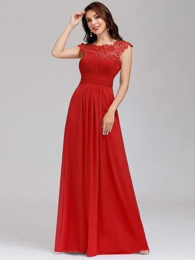 Maxi Long Lace Cap Sleeve Elegant Bridesmaid Dress #color_Red