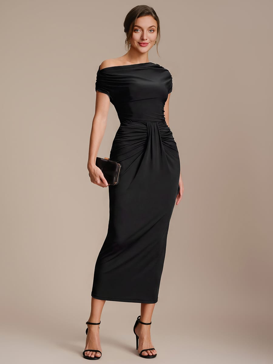 Knit Bodycon Midi Length,Tea Length Skirts #color_Black