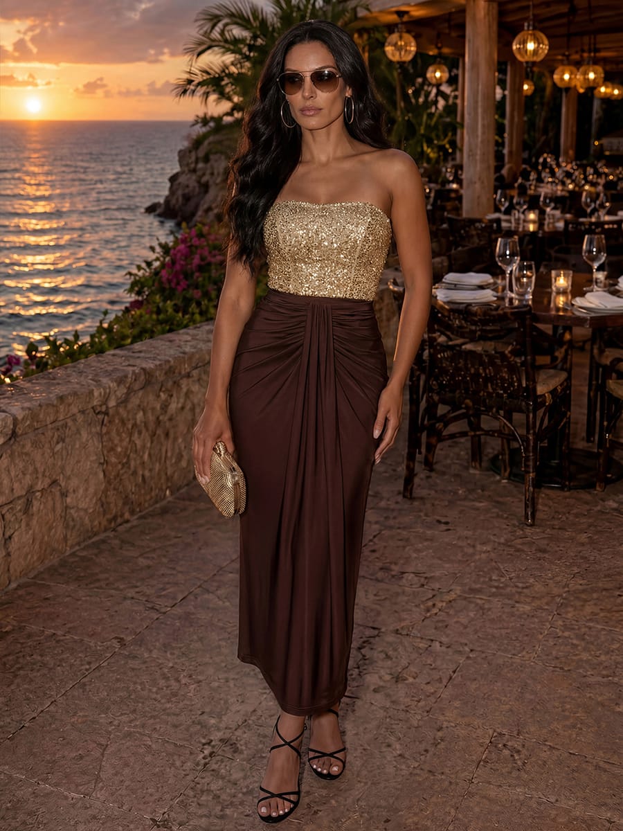 Knit Bodycon Midi Length,Tea Length Skirts #color_Chocolate Brown