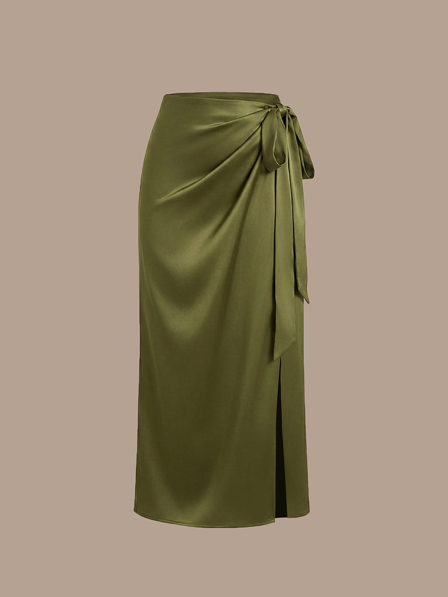 Slit Satin Sheath Skirts #color_Olive Green