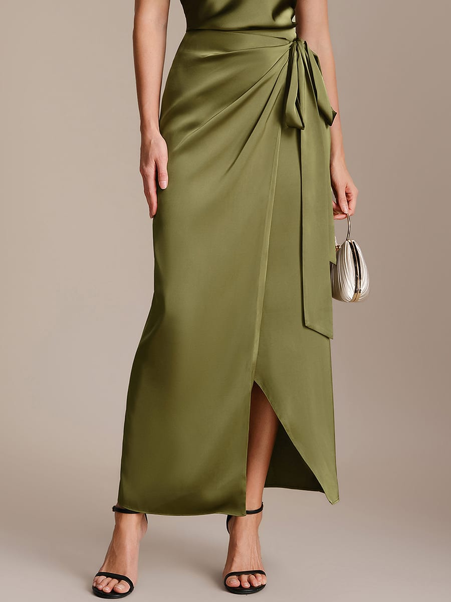 Slit Satin Sheath Skirts #color_Olive Green