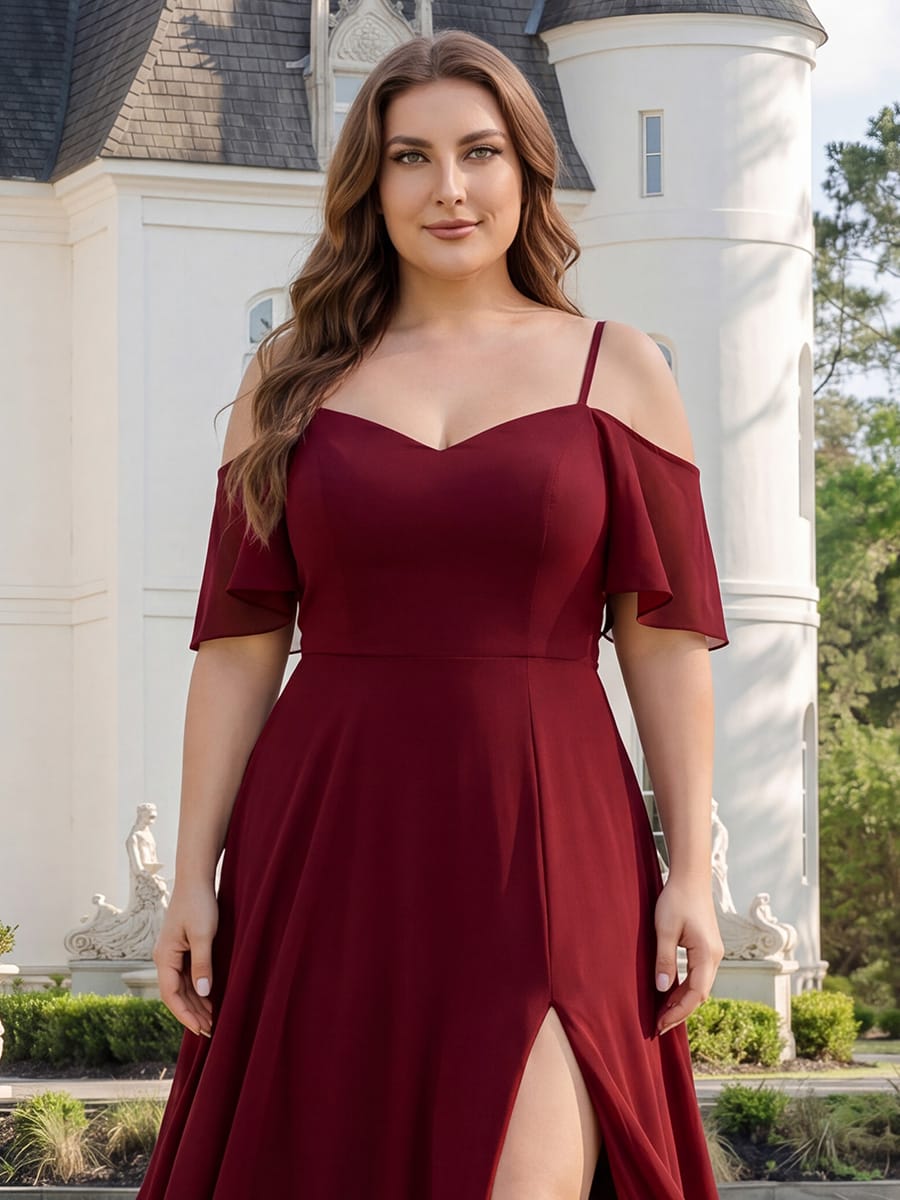 Stylish Cold-Shoulder Floor Length Bridesmaid Dress with Side Slit #color_Burgundy
