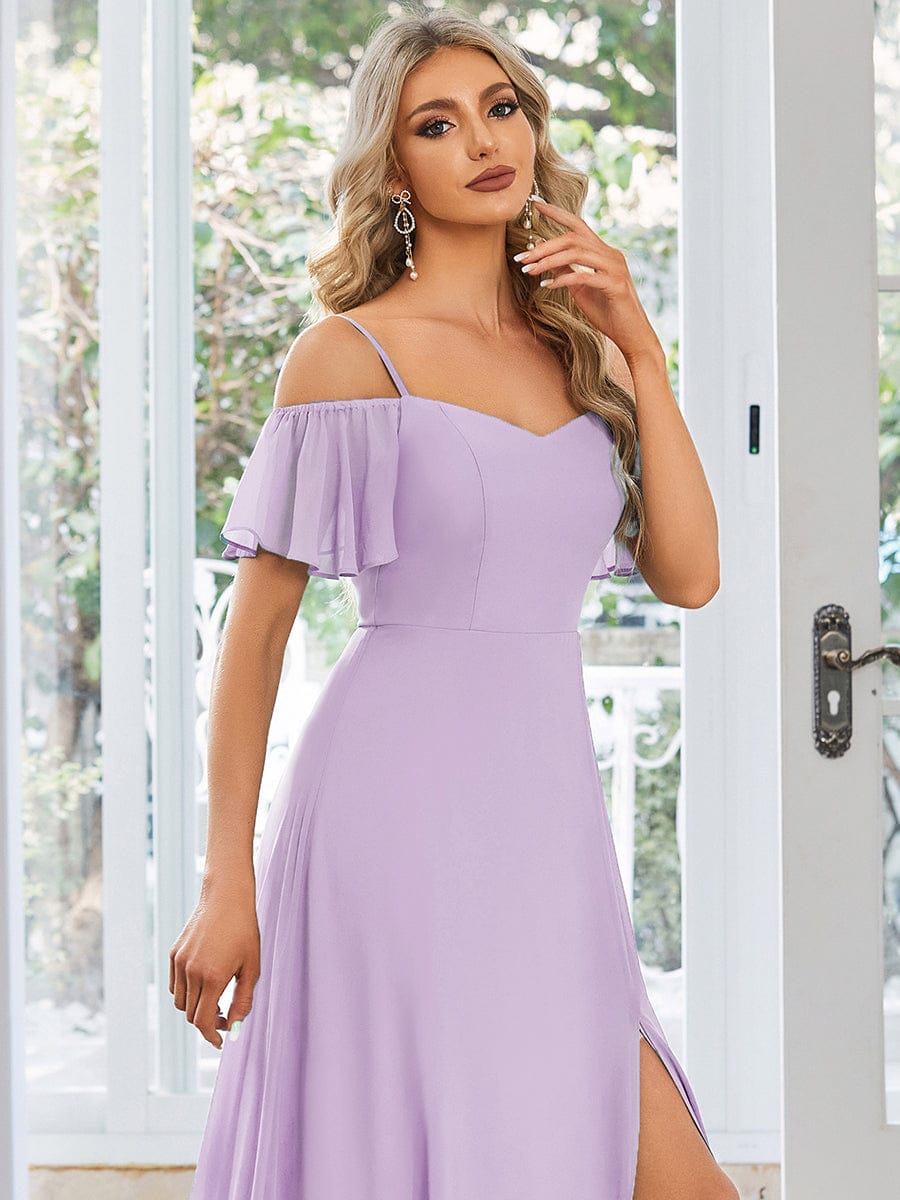 Stylish Cold-Shoulder Split Floor Length Wedding Guest Dress #color_Frosted Lilac