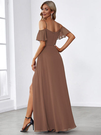 Stylish Cold-Shoulder Floor Length Bridesmaid Dress with Side Slit #Color_Brown