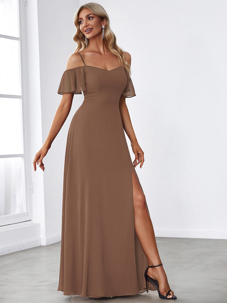 Stylish Cold-Shoulder Floor Length Bridesmaid Dress with Side Slit #Color_Brown
