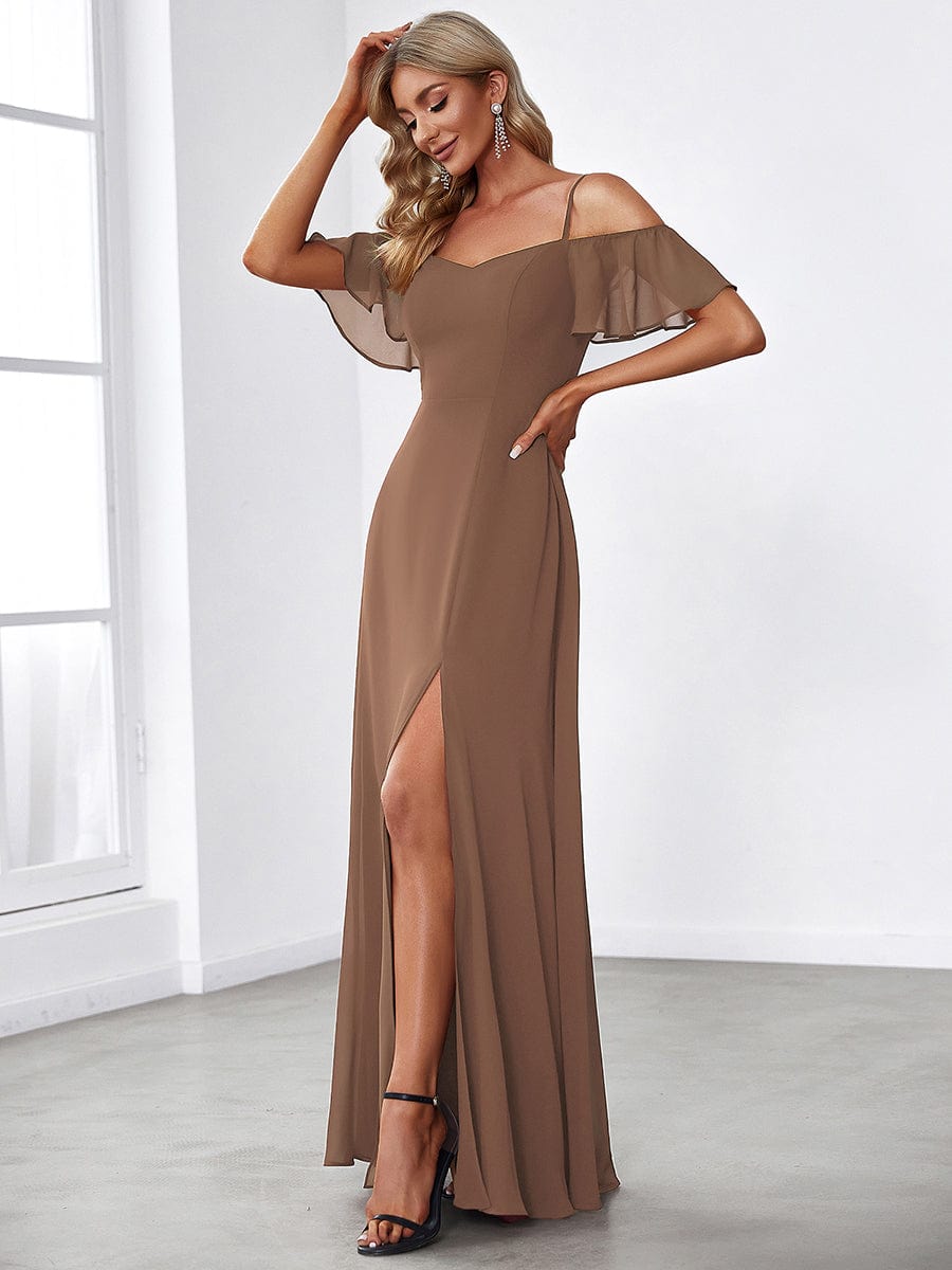 Stylish Cold-Shoulder Floor Length Bridesmaid Dress with Side Slit #Color_Brown