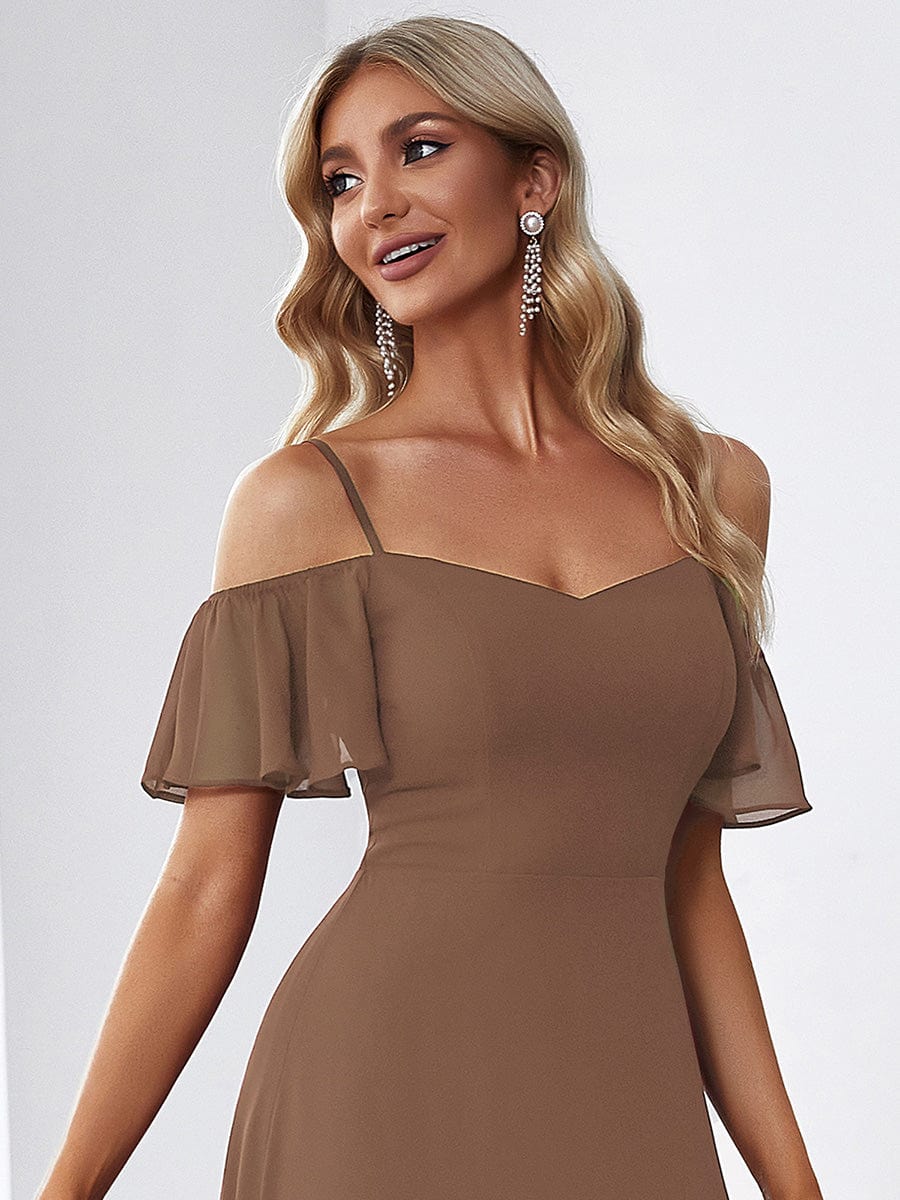 Stylish Cold-Shoulder Floor Length Bridesmaid Dress with Side Slit #Color_Brown