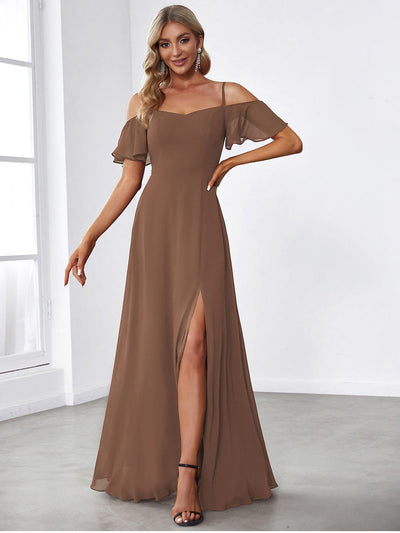 Stylish Cold-Shoulder Floor Length Bridesmaid Dress with Side Slit #Color_Brown