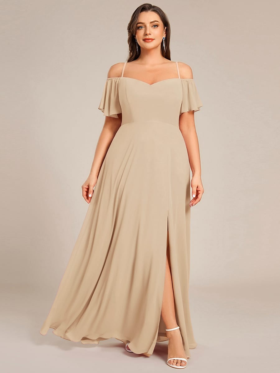 Stylish Cold-Shoulder Floor Length Bridesmaid Dress with Side Slit #color_Champagne