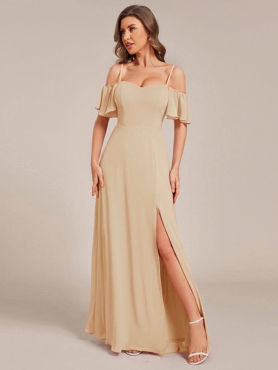 Cold-Shoulder High Split Floor Length Bridesmaid Dress #color_Champagne