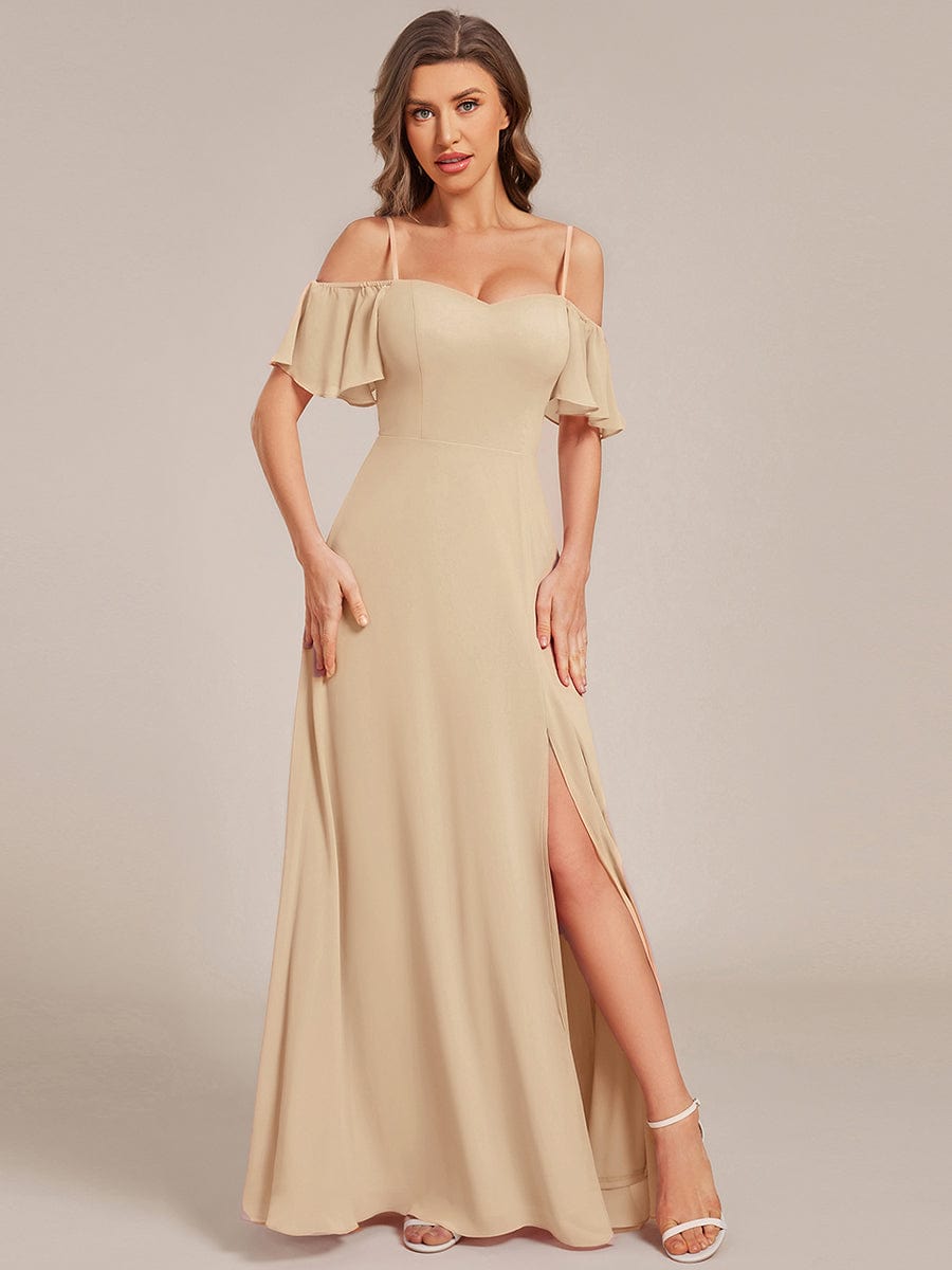 Cold-Shoulder High Split Floor Length Bridesmaid Dress #color_Champagne