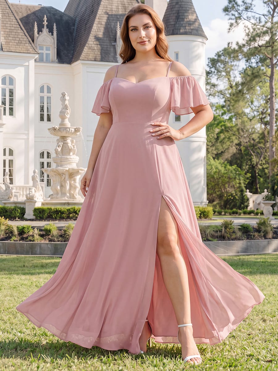 Stylish Cold-Shoulder Floor Length Bridesmaid Dress with Side Slit #color_Dusty Rose
