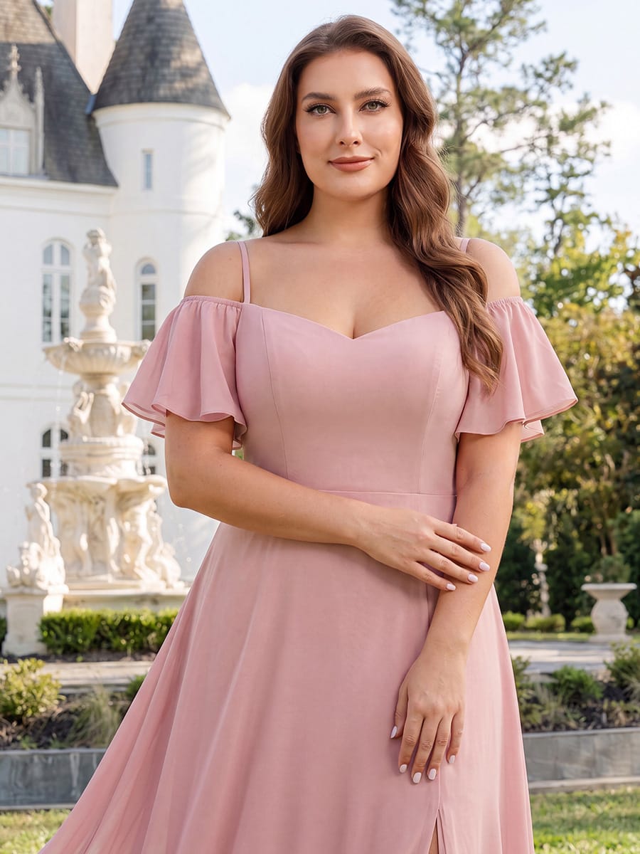 Stylish Cold-Shoulder Floor Length Bridesmaid Dress with Side Slit #color_Dusty Rose