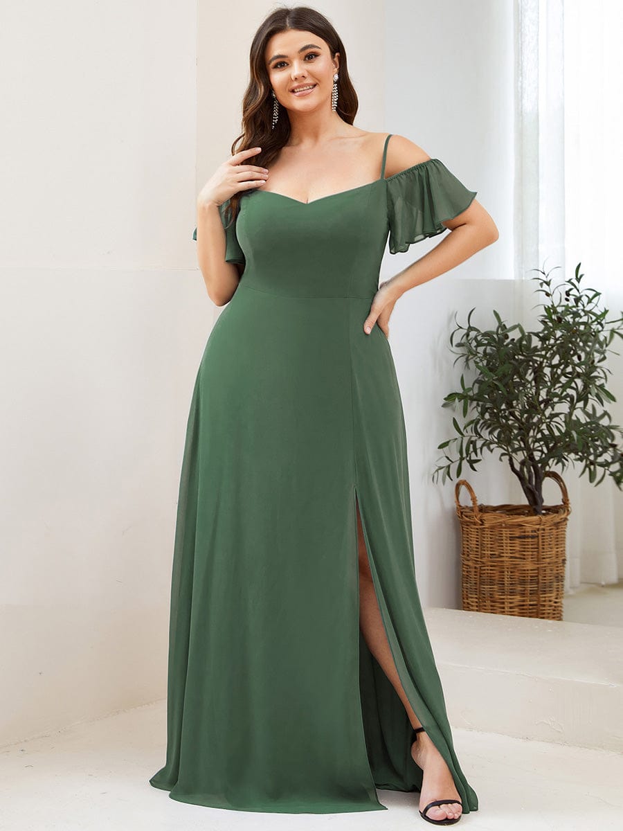 Stylish Cold-Shoulder Floor Length Bridesmaid Dress with Side Slit #Color_Eucalyptus Green