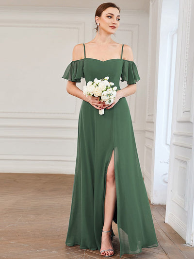 Stylish Cold-Shoulder Floor Length Bridesmaid Dress with Side Slit #Color_Eucalyptus Green