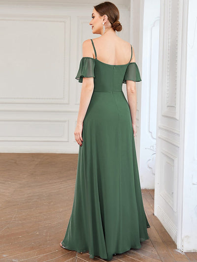 Stylish Cold-Shoulder Floor Length Bridesmaid Dress with Side Slit #Color_Eucalyptus Green