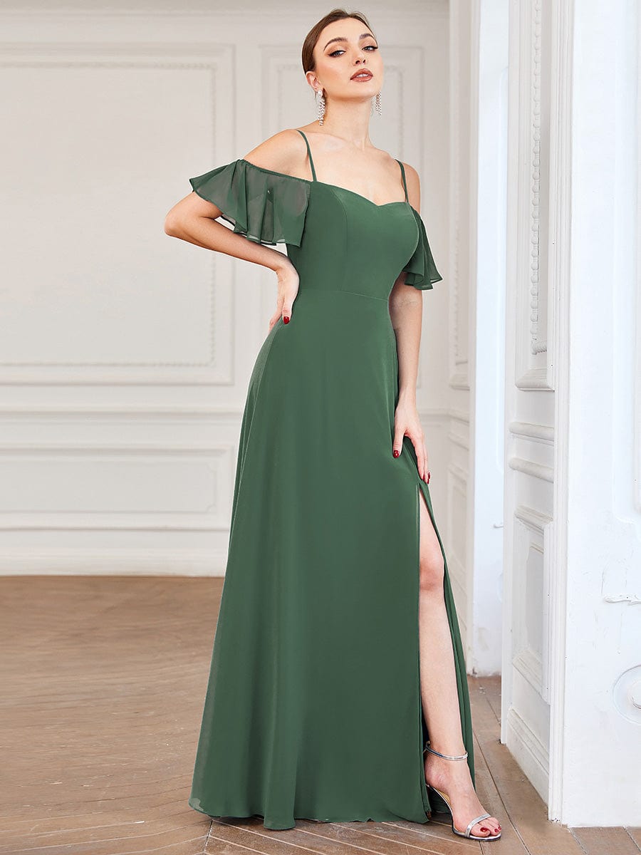 Stylish Cold-Shoulder Floor Length Bridesmaid Dress with Side Slit #Color_Eucalyptus Green