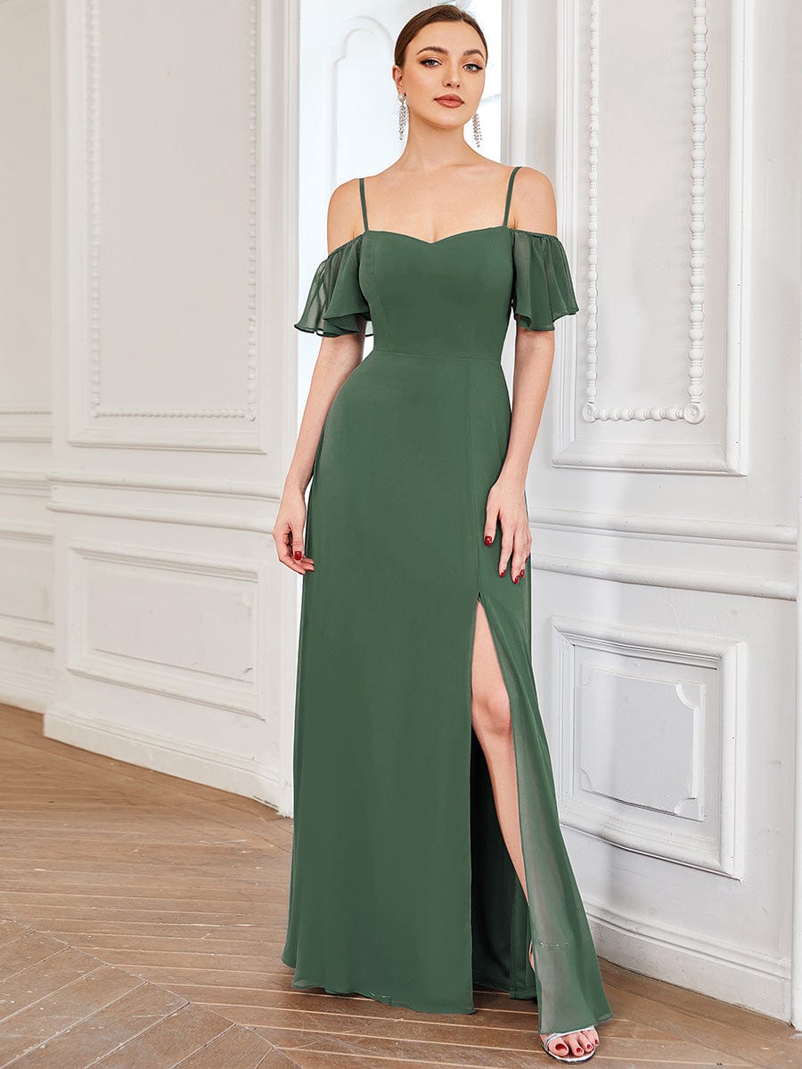 Stylish Cold-Shoulder Floor Length Bridesmaid Dress with Side Slit #Color_Eucalyptus Green