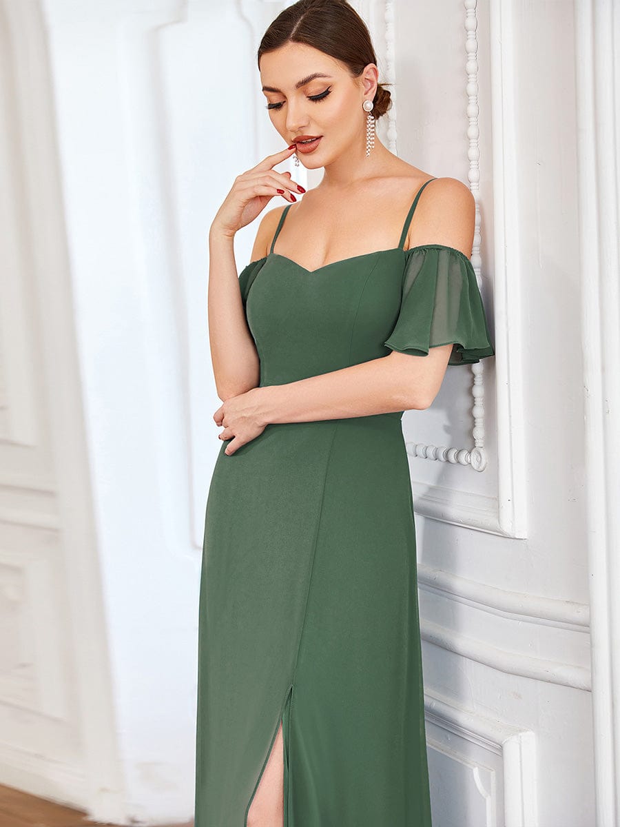 Stylish Cold-Shoulder Floor Length Bridesmaid Dress with Side Slit #Color_Eucalyptus Green