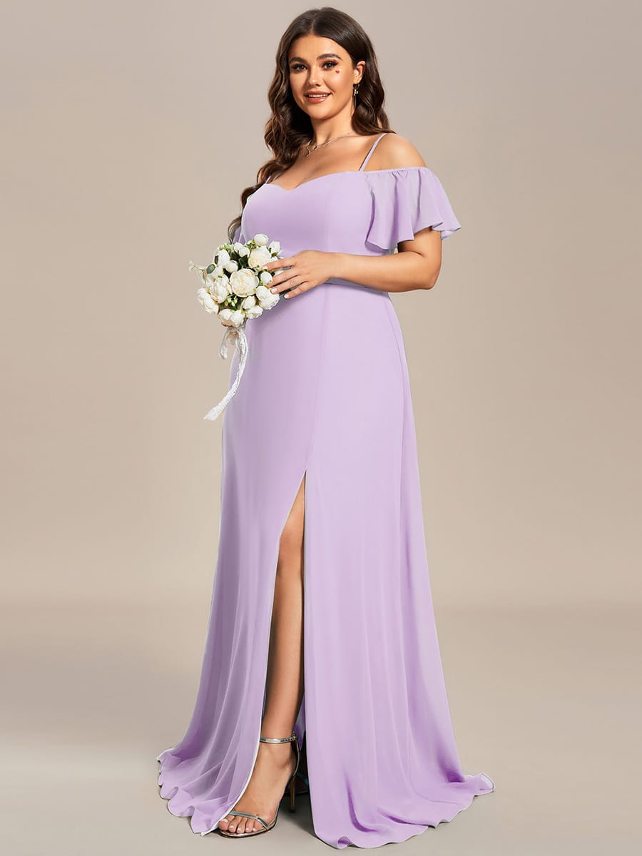 Stylish Cold-Shoulder Floor Length Bridesmaid Dress with Side Slit #color_Frosted Lilac