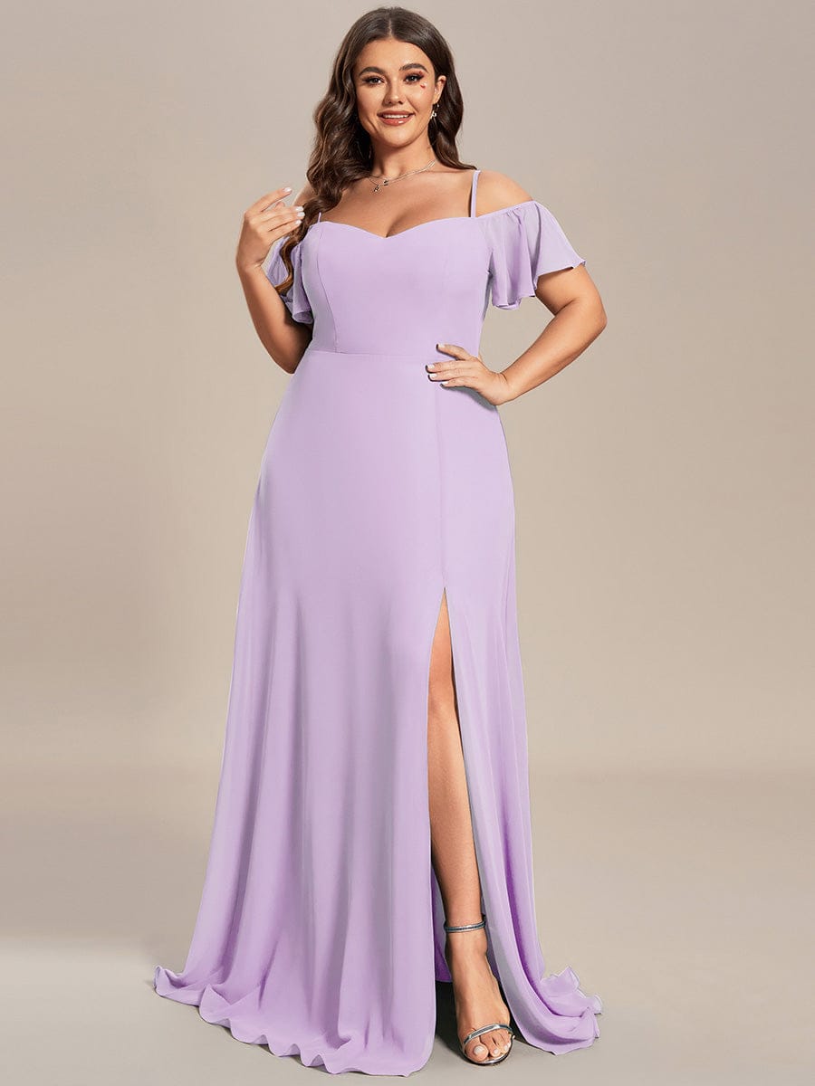 Cold-Shoulder High Split Floor Length Bridesmaid Dress #color_Frosted Lilac