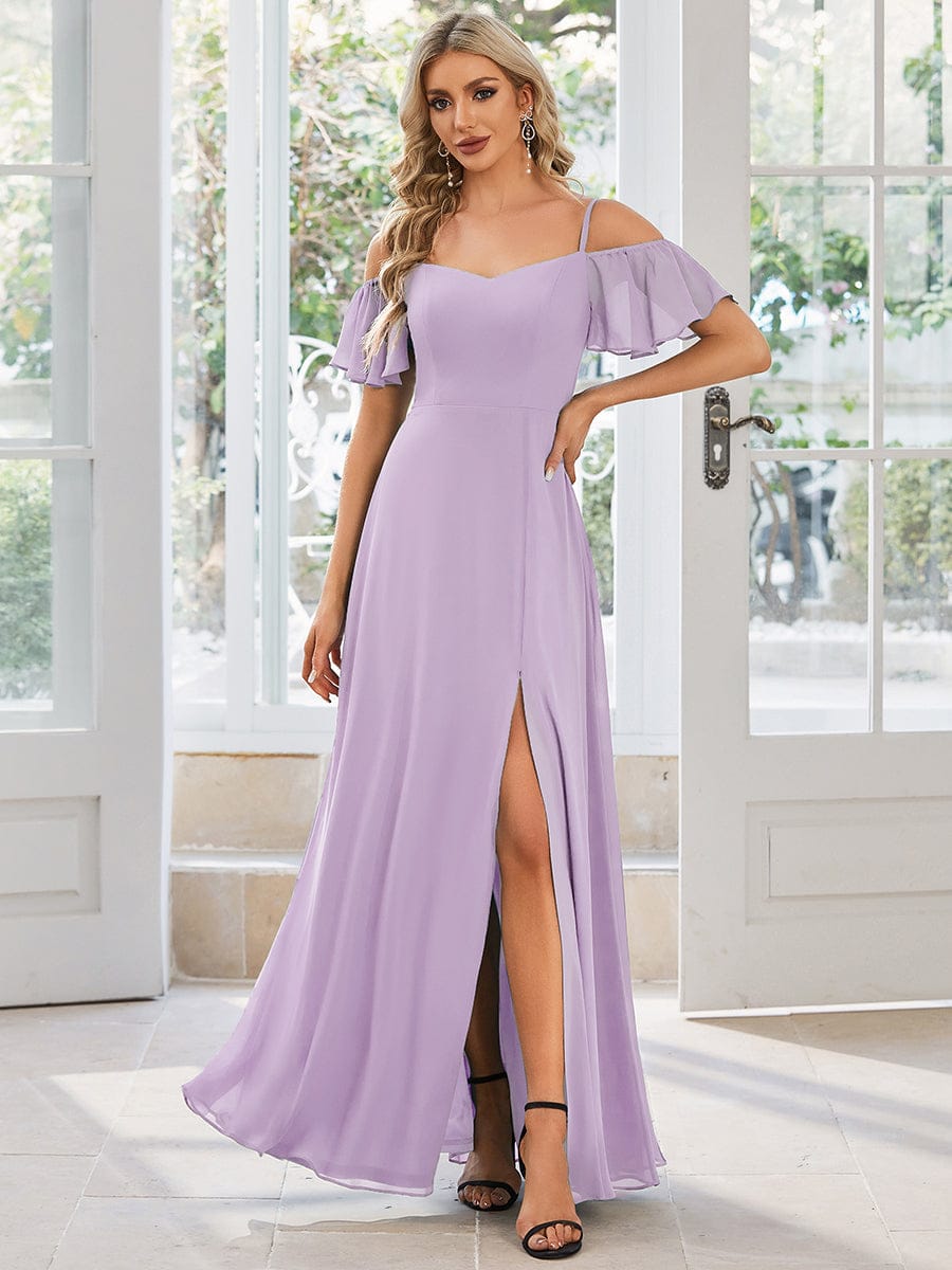 Cold-Shoulder High Split Floor Length Bridesmaid Dress #color_Frosted Lilac