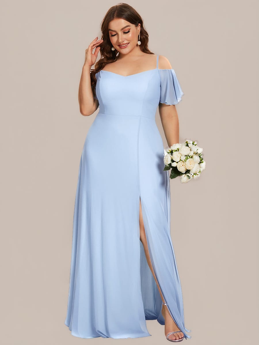 Stylish Cold-Shoulder Floor Length Bridesmaid Dress with Side Slit #color_Ice Blue