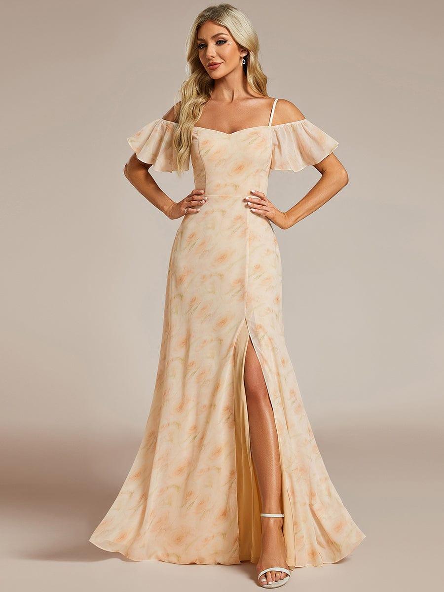 Stylish Cold-Shoulder Floor Length Bridesmaid Dress with Side Slit #color_Golden Roses