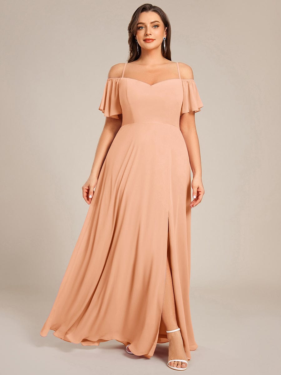 Stylish Cold-Shoulder Floor Length Bridesmaid Dress with Side Slit #Color_Peach