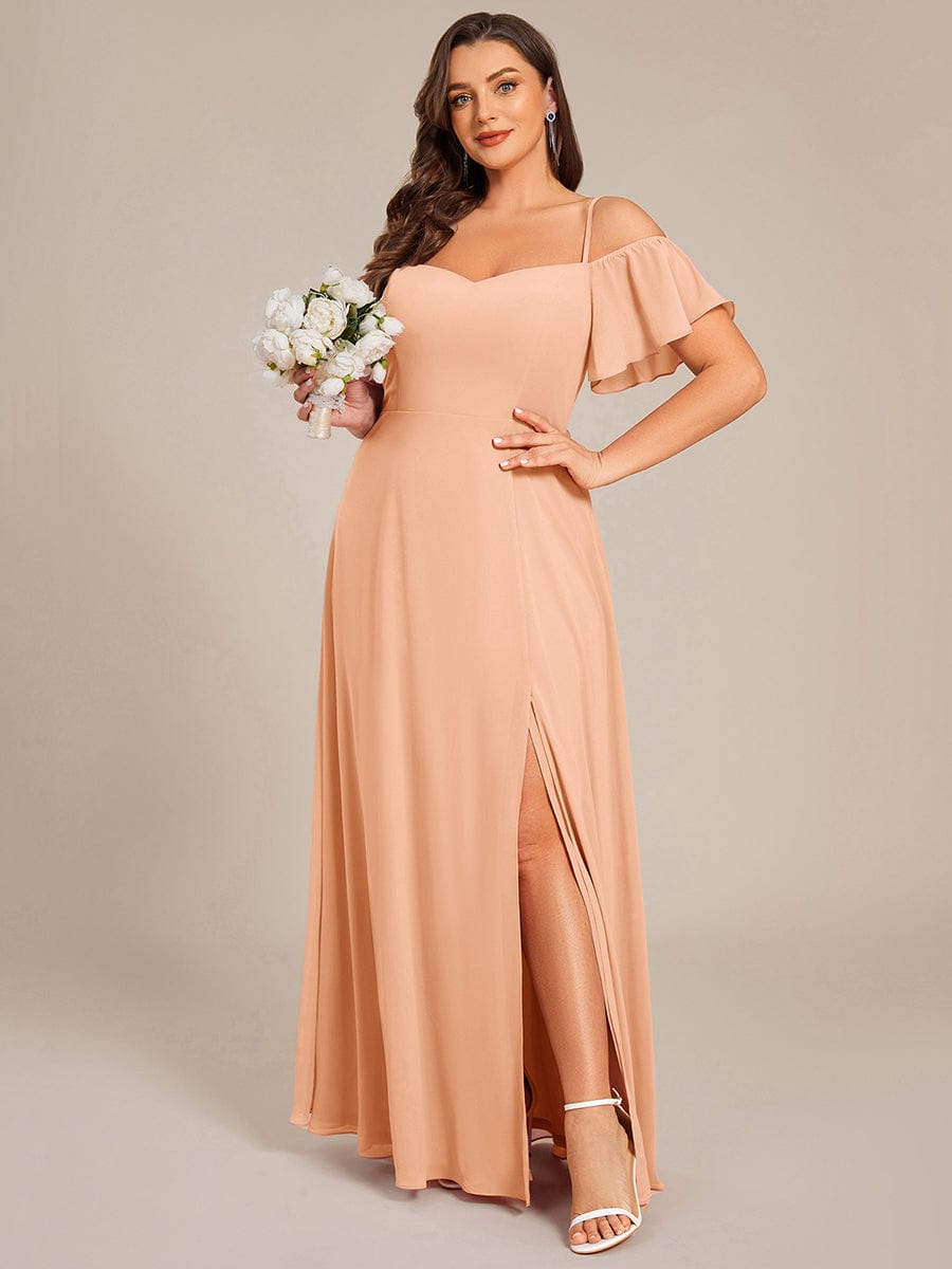 Stylish Cold-Shoulder Floor Length Bridesmaid Dress with Side Slit #Color_Peach