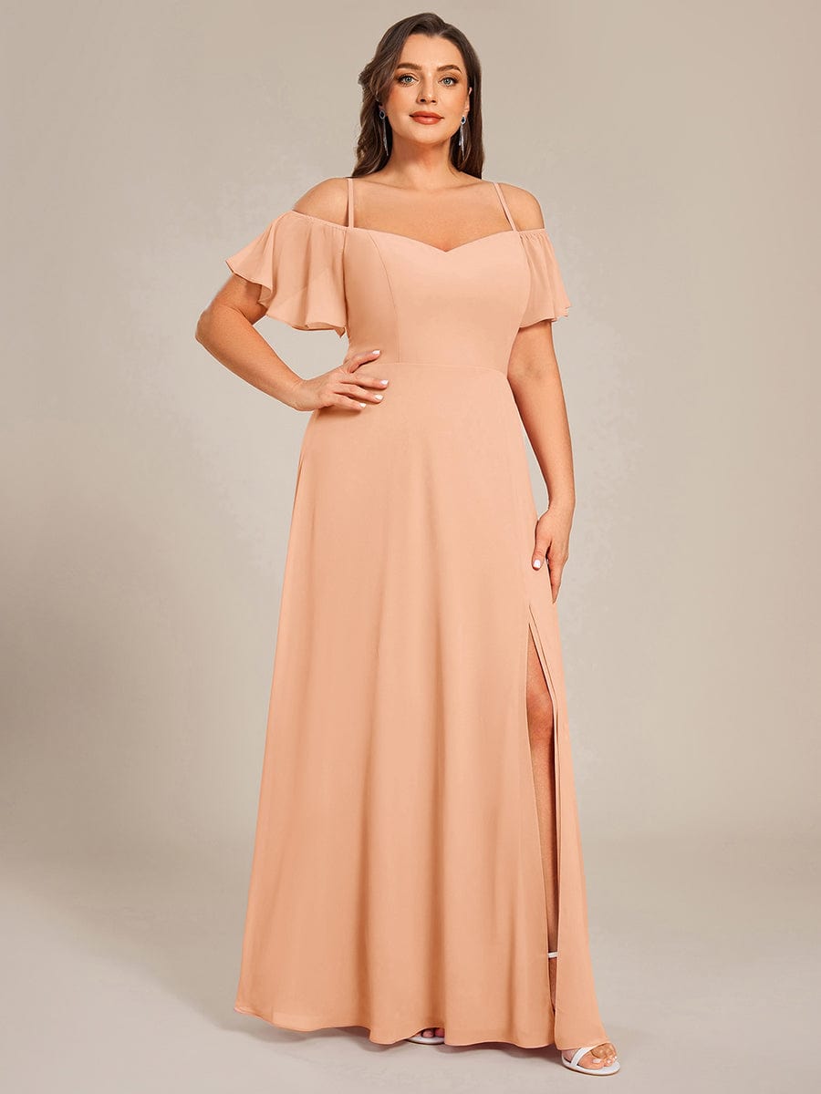 Stylish Cold-Shoulder Floor Length Bridesmaid Dress with Side Slit #Color_Peach