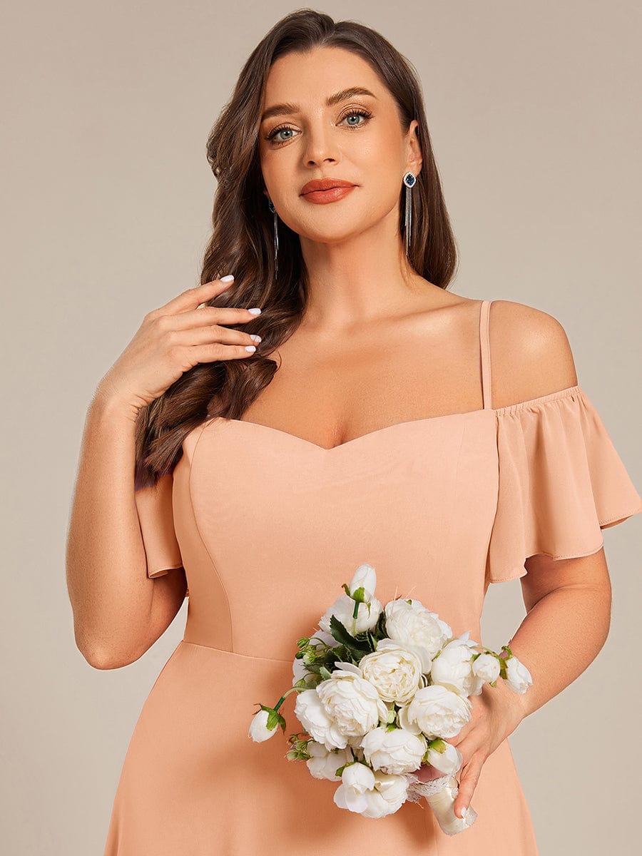 Stylish Cold-Shoulder Floor Length Bridesmaid Dress with Side Slit #Color_Peach