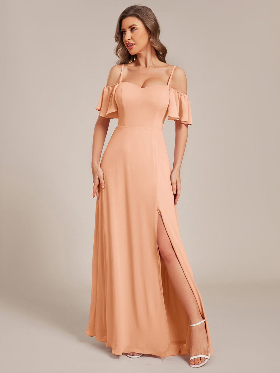 Stylish Cold-Shoulder Floor Length Bridesmaid Dress with Side Slit #Color_Peach