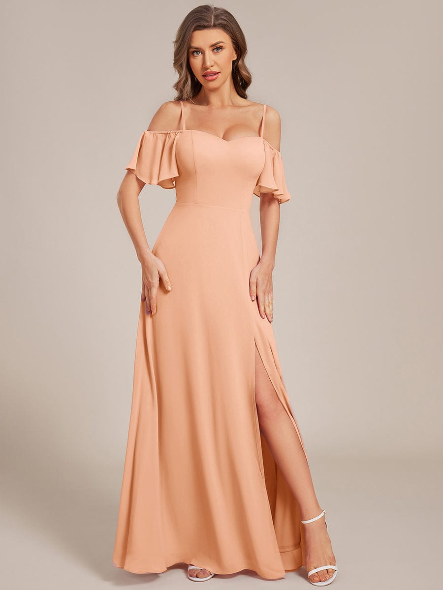 Stylish Cold-Shoulder Floor Length Bridesmaid Dress with Side Slit #Color_Peach